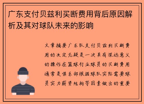广东支付贝兹利买断费用背后原因解析及其对球队未来的影响